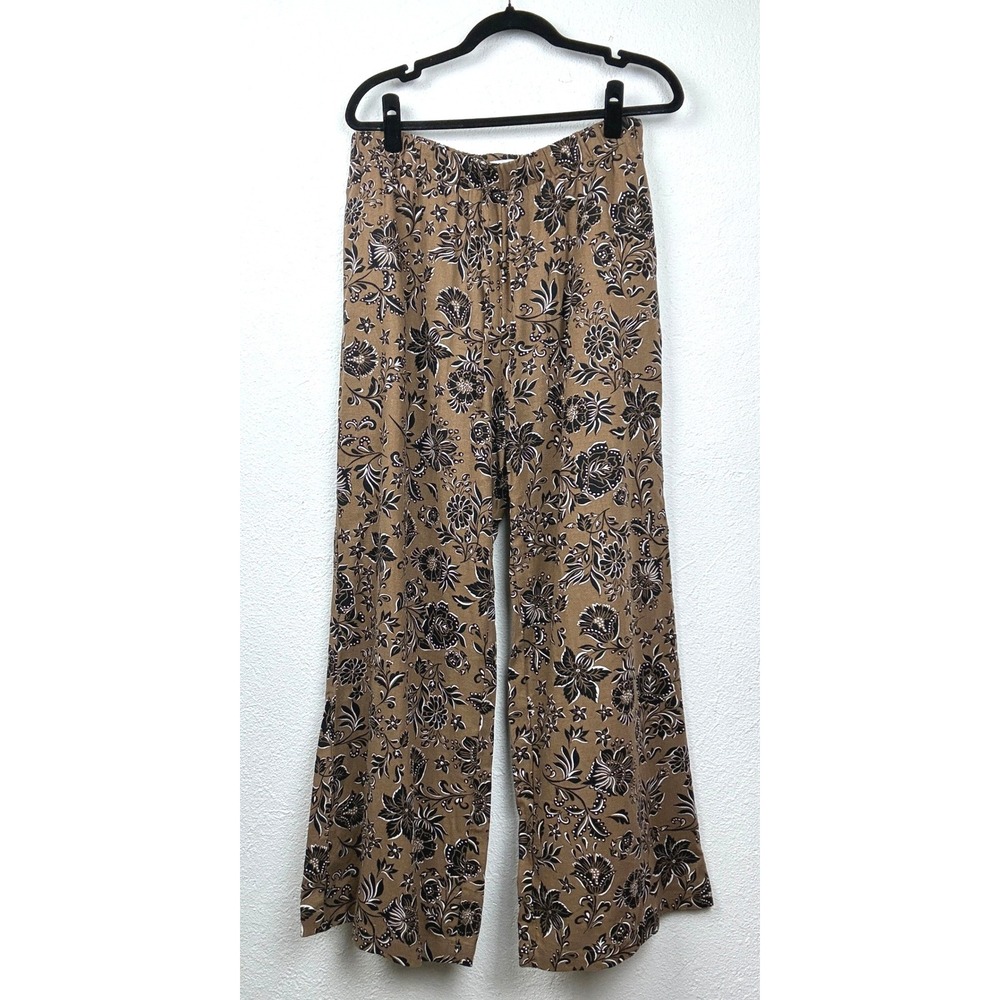 Nine West Brown Floral Wide Leg Pants - L - Linen Blend Boho Fall Style